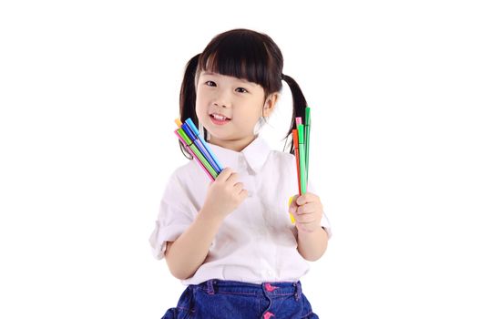 little asian girl holding pencil , isolated on white background. School, education concept.