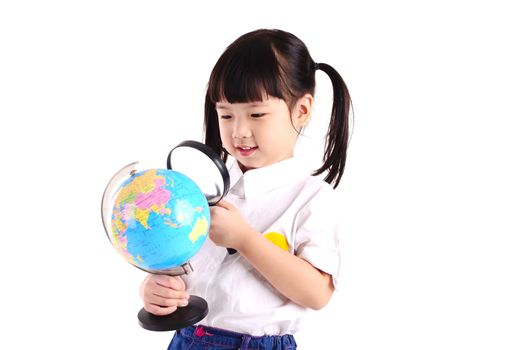 Asian cute girl looking at the globe