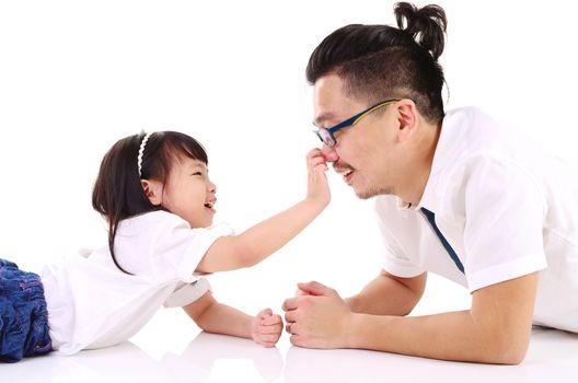 Asian father and his cute little girl isolated on white background