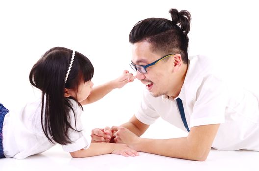 Asian father and his cute little girl isolated on white background