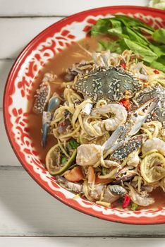 spicy mango salad with  crabs and prawns , asian style food