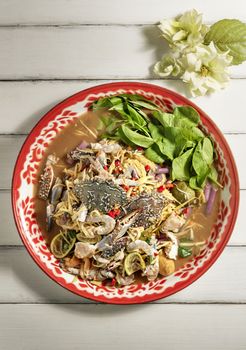 spicy mango salad with  crabs and prawns , asian style food