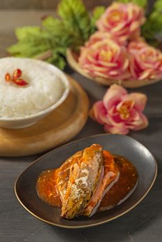 sardines fish in tomato sauce served with steamed rice