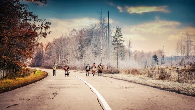 RUSSIA - NOVEMBER 11, 2015: Unidentified fishermen go on a winter morning on the way to a fishing trip November 11, 2015, in Russian