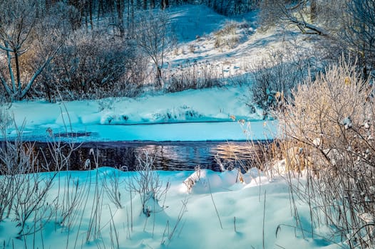 Winter sunny landscape with river and forest.