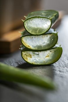 Aloe vera slices on dark background. Health and beauty concept. Closeup aloe pieces on backlight.