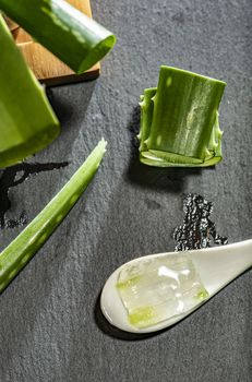 Aloe vera slices on dark background and spoon with aloe gel. Health and beauty concept. Closeup aloe pieces on backlight.