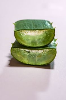 Aloe vera slices on pink background. Health and beauty concept. Closeup aloe pieces on backlight.