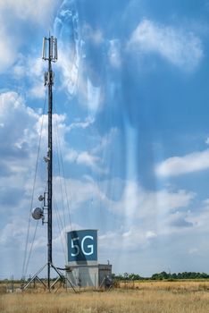 5G antennas and GSM transmitters. Concept for high speed 5G internet. Blue sky.