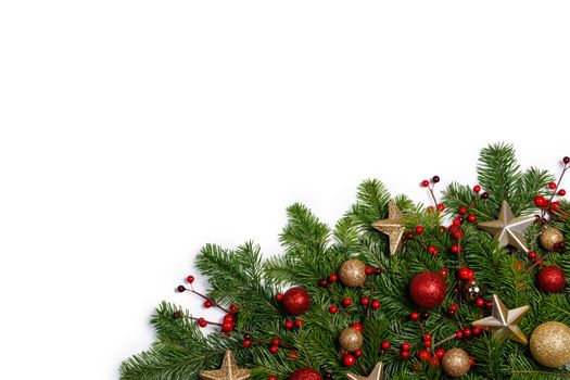 Christmas New year decoration frame isolated on white , fir tree branches , red and golden baubles , pine cones , stars , copy space for text