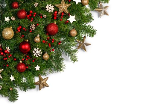 Christmas New year decoration frame isolated on white , fir tree branches , red and golden baubles , pine cones , stars , copy space for text