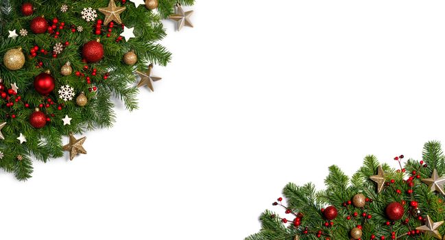 Christmas New year decoration frame isolated on white , fir tree branches , red and golden baubles , pine cones , stars , copy space for text