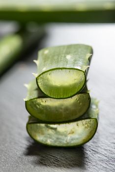 Aloe vera stacked slices on dark background. Health and beauty concept. Closeup aloe pieces on backlight.