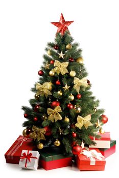 Decorative Christmas Tree and gifts isolated on white background