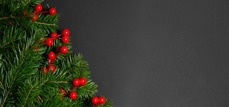 Christmas border arranged with fresh fir branches and red berries on black paper background , copy space for text