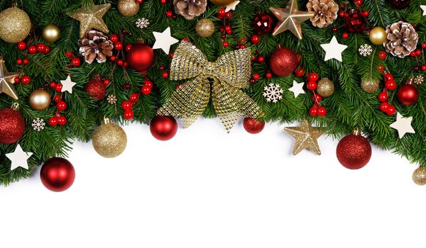 Christmas New year decoration frame isolated on white , fir tree branches , red baubles and pine cones , wooden decor , red berries , copy space for text
