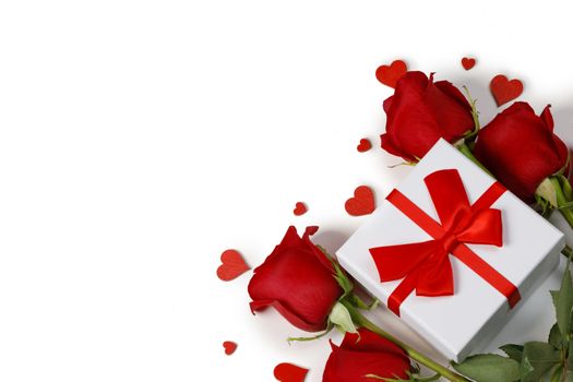 Valentines day hearts, red rose flowers and gift box isolated on white background