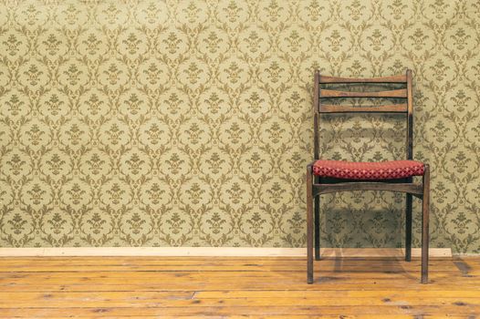 Victorian style vintage pattern wallpaper. Ornamental background and chair. Pastel tones.