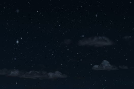 Night starry sky and clouds. Moonlight dark background and stars in the sky. Clean night backdrop. 