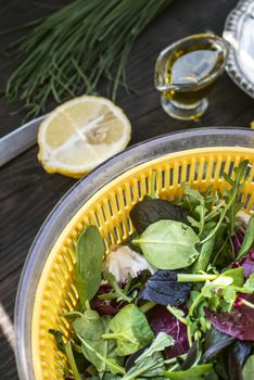 Spring green salad of baby spinach, herbs, arugula and lettuce. Dressing of yogurt, olive oil, honey and lemon.Vegetables for preparing salad on dark table.Concept for healthy food and diet.