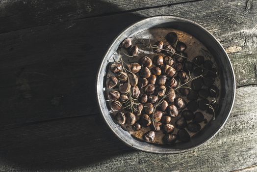 Roasted chestnuts and rosemary. Vintage baking tray. Natural sun rays from window.