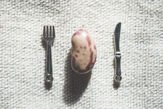 One bean, fork and spoon miniatures on tablecloth.