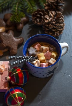 Marshmallow and milk on christmas. Cones and decoration