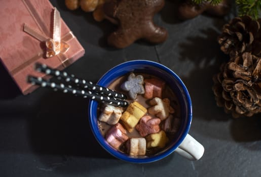 Marshmallow and milk on christmas. Cones and decoration