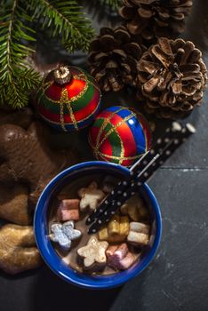 Marshmallow and milk on christmas. Cones and decoration