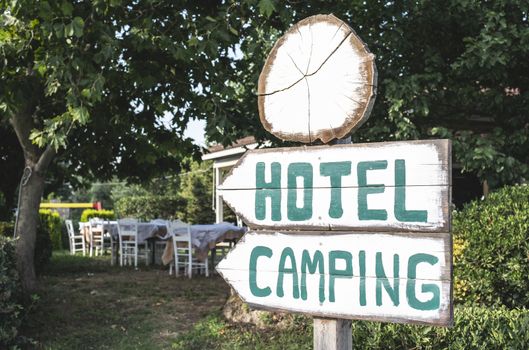 Hotel camping wooden signboard