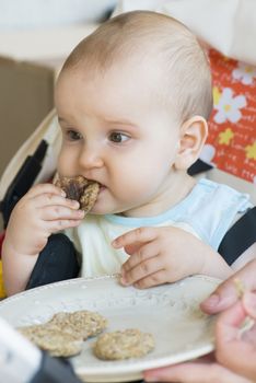 Baby eats alone. Eating homemade biscuits