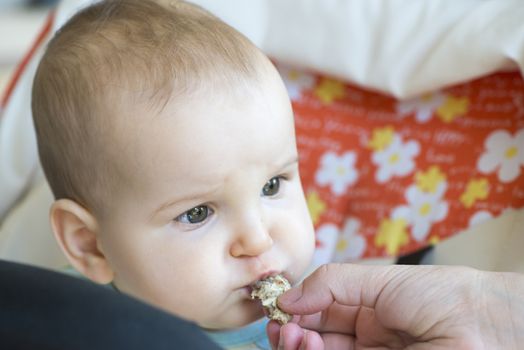 Baby eats alone. Eating homemade biscuits