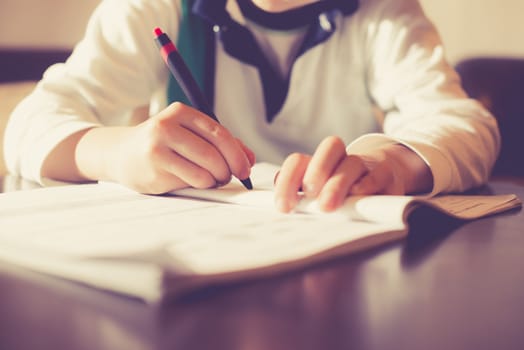 Child do his homework. Notebook for mathematic. Hand hold pen. Boy learning