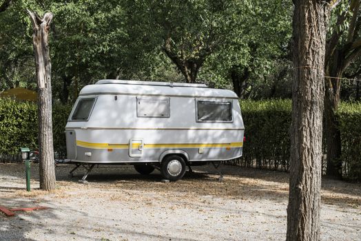 Small caravan on campsite. Green bushes