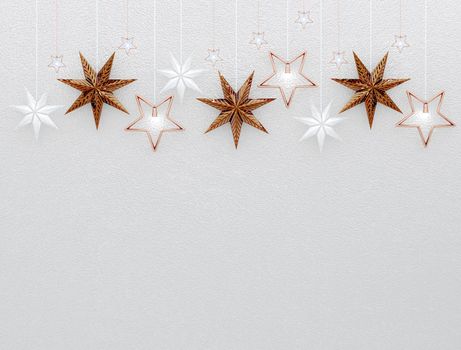 Christmas background with golden stars and lights on a white background, 3d render