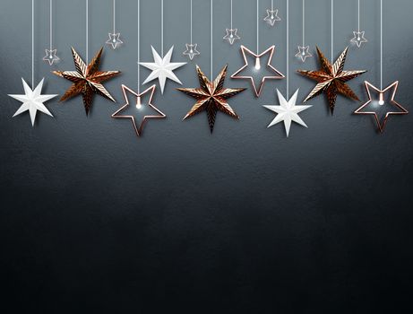 Christmas background with golden stars and lights on a black background, 3d render