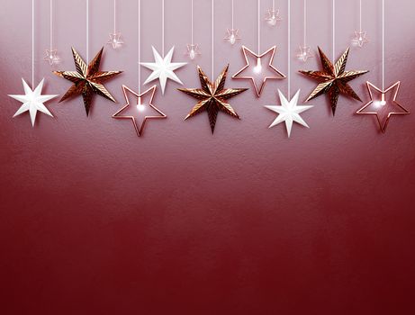 Christmas background with golden stars and lights on a red background, 3d render