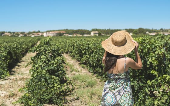 Woman with summer hat watching vineyards in a row