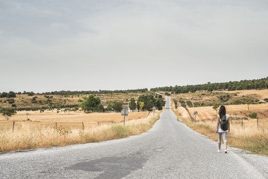 Woman with backpack walking on the road