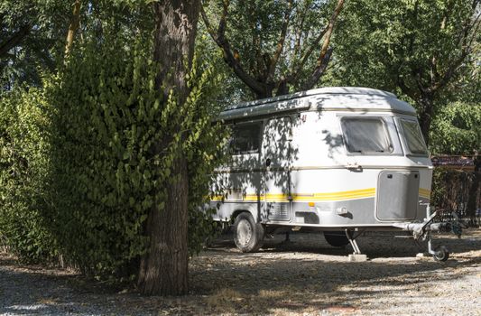 Small caravan on campsite. Green bushes