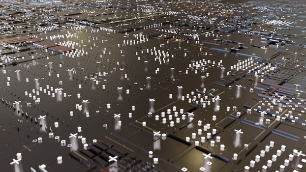 Abstract Central Computer Processors Concept. 3D illustration. Conceptual CPU on circuit board - PCB