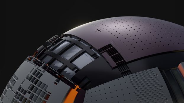 Abstract Hardsurface Sci-Fi Technology Sphere. Space Station Or Spaceship. 3D renderingor 3D illustration. Drak background
