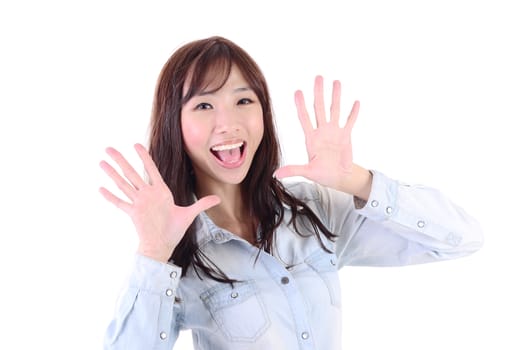 closeup young smiling woman face isolated on white