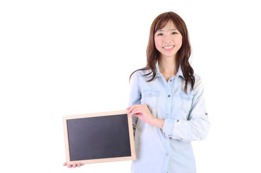 Young woman hand hold with the blackboard isolated over white background