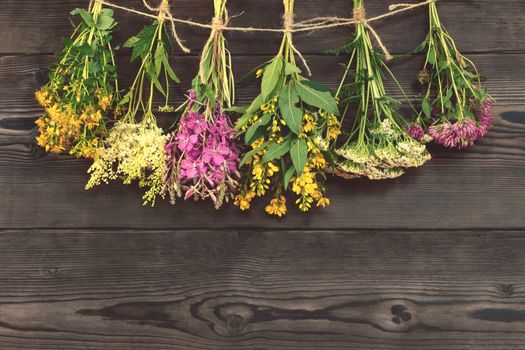 Bundles of medicinal herbs dried near a dark wooden wall, alternative medicine and herbal treatment concept, copy space, place for text, background.