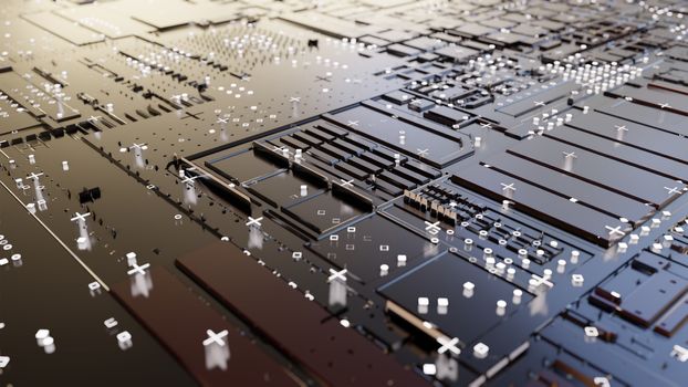 Abstract Central Computer Processors Concept. 3D illustration. Conceptual CPU on circuit board - PCB