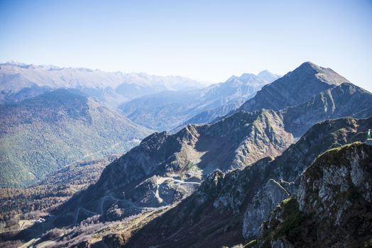 Caucasus mountains Krasnaya Polyana ski resort, Rosa Khutor, Sochi, Russia. On a clear Sunny autumn day on October 16, 2019.