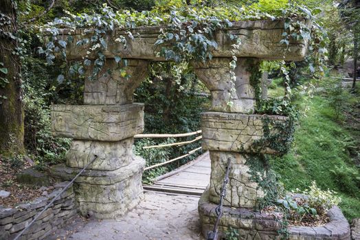 Gate to the bridge in the arboretum in Sochi, Russia.