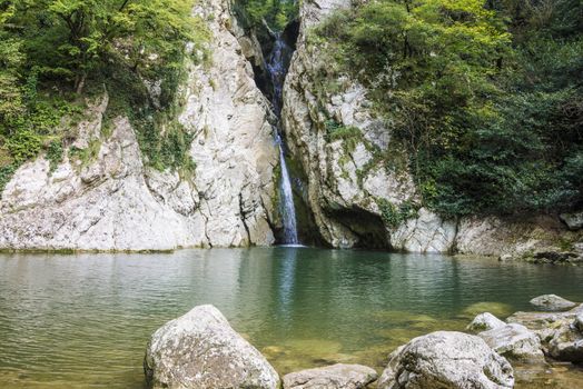 Waterfall in the Agur gorge near Sochi, Russia.