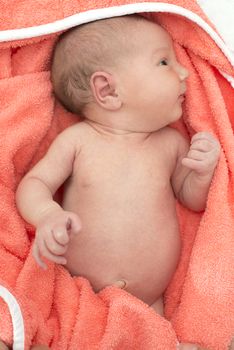 Bathing newborn baby girl. Vibrant colors